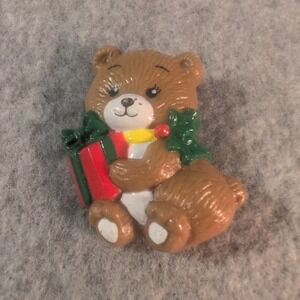 Christmas Teddy Bear Pin Brooch Gift Holly Tree Holiday Festive‎ Cute Small